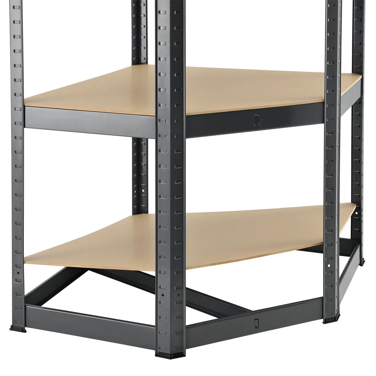 Graues Juskys Eckregal Corner Basic mit zwei Regalböden aus MDF und verzinktem Metall.