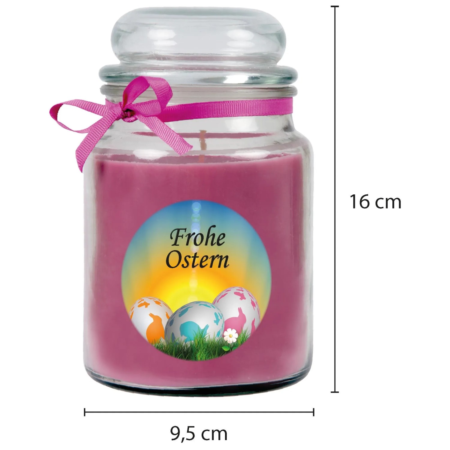 Duftkerze Frohe Ostern im Glas (Lavendel) mit Ostereier-Motiv und rosa Schleife, 16 cm hoch.