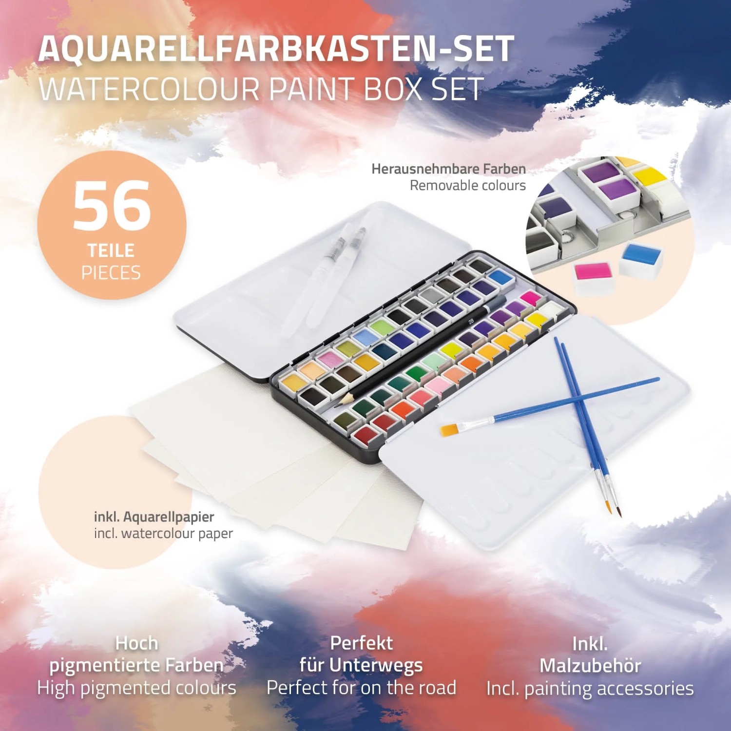 ECD Germany Aquarellfarben Set mit 48 Farben, Pinsel, Stiften und Papier im Malkasten.