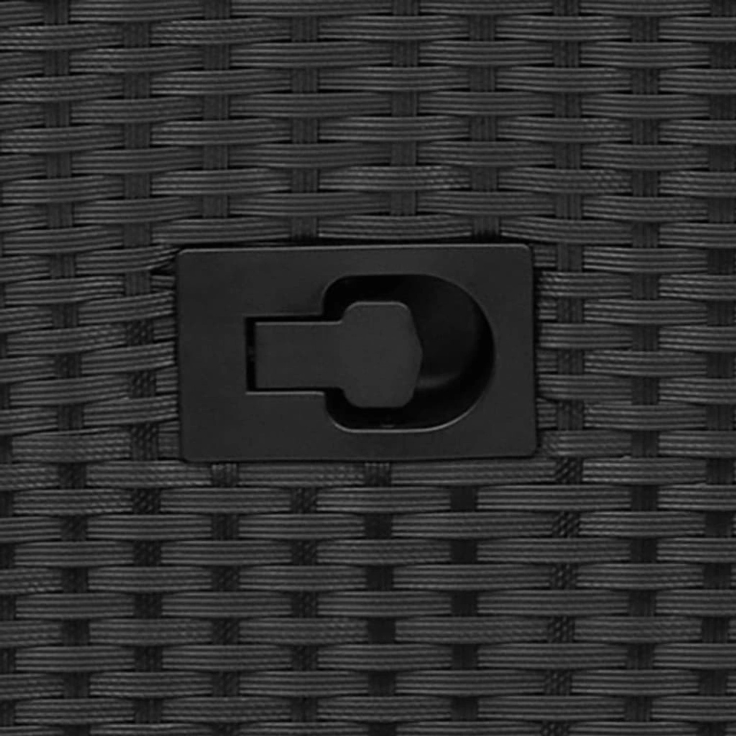 Detailaufnahme: Schwarzes Poly Rattan Geflecht mit Verstellmechanismus des vidaXL Bistro-Sets.