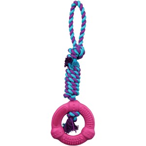 Jollypaw Kauspielzeug Ring am Seil aus Naturgummi, pink, mit Baumwollseil in blau-lila.