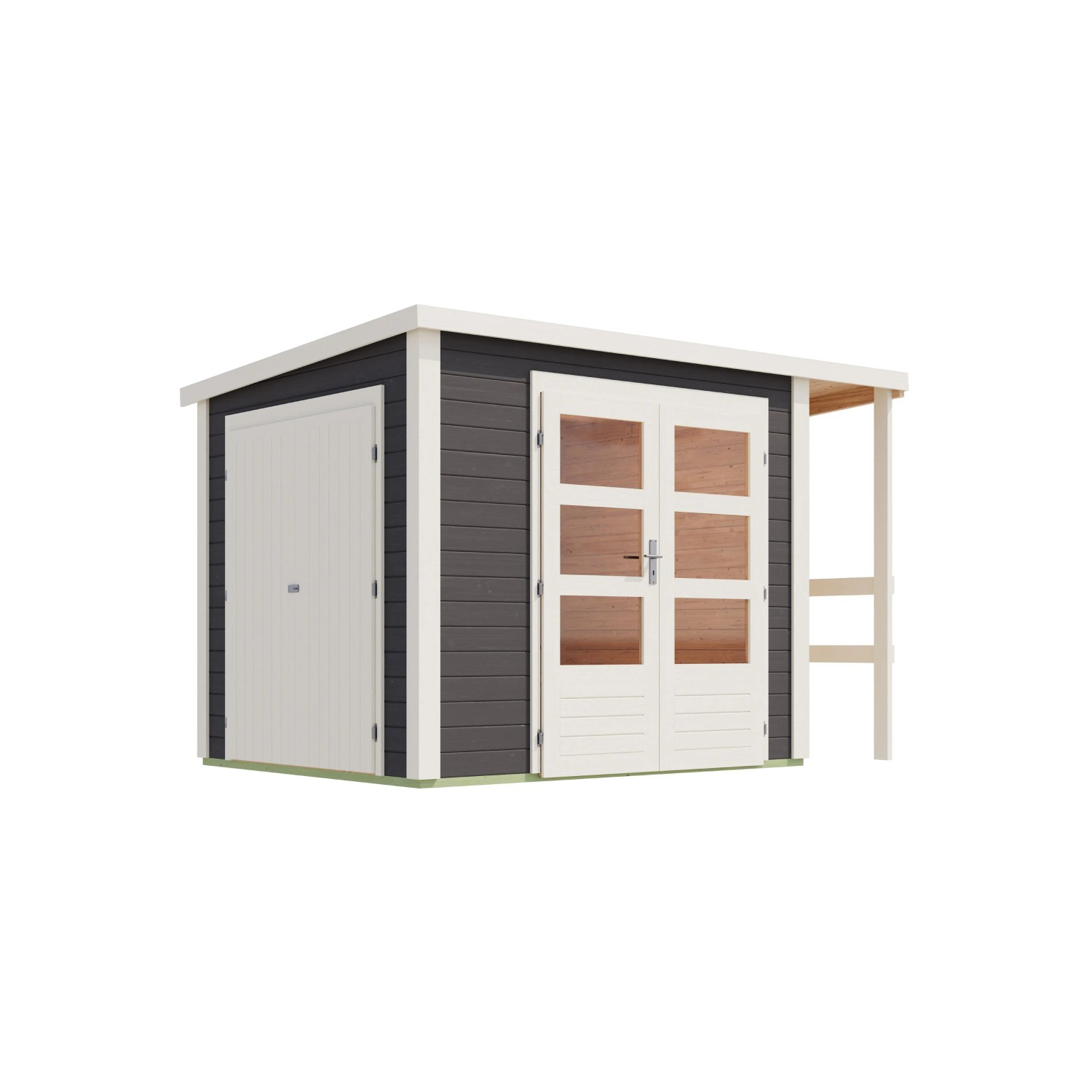 Karibu Gartenhaus mit Schrank und Anbaudach, terragrau, 209x241x199,6 cm.