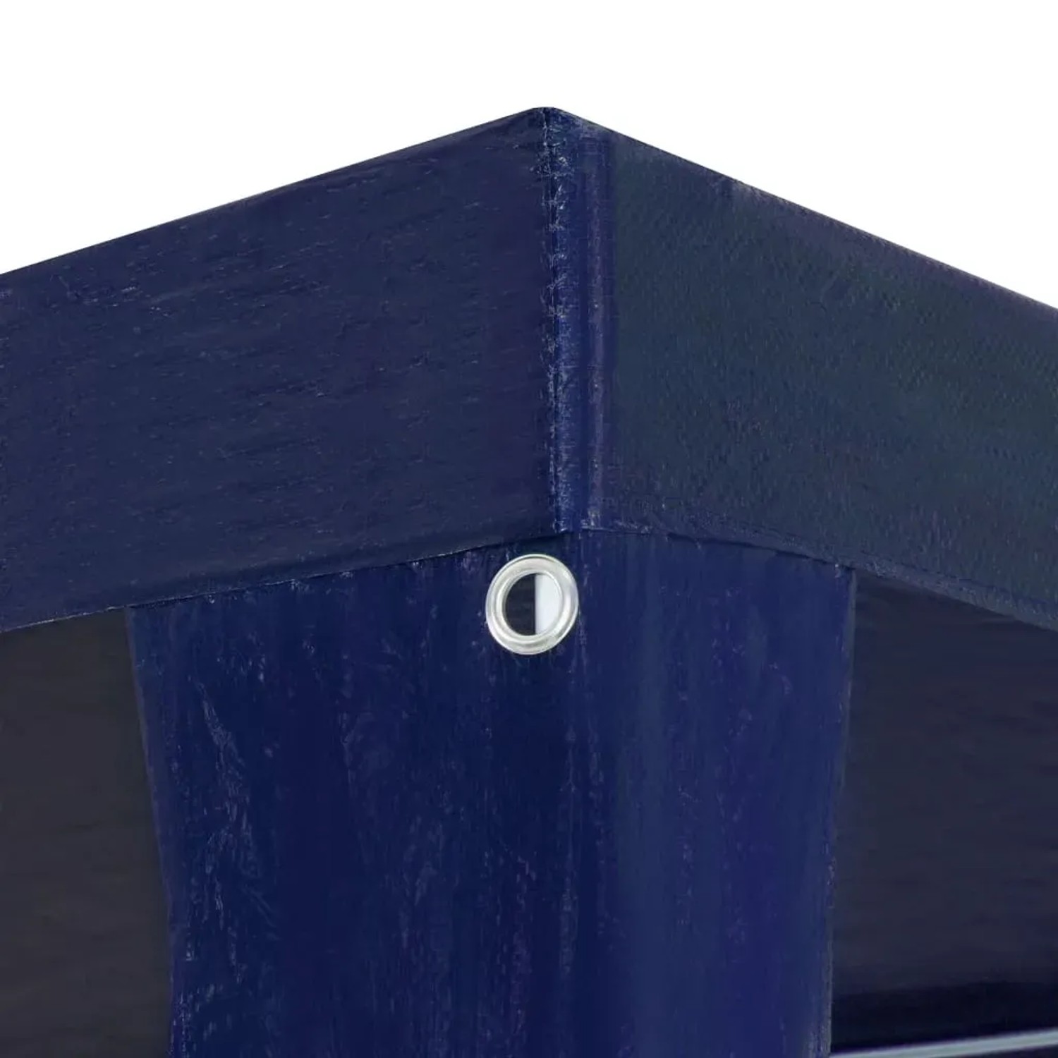 Detailansicht blaues Partyzelt 3x4m aus PE, Ecke mit Öse.