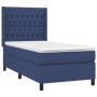 Blaues Boxspringbett (90x200 cm) mit Matratze und gestepptem Kopfteil.