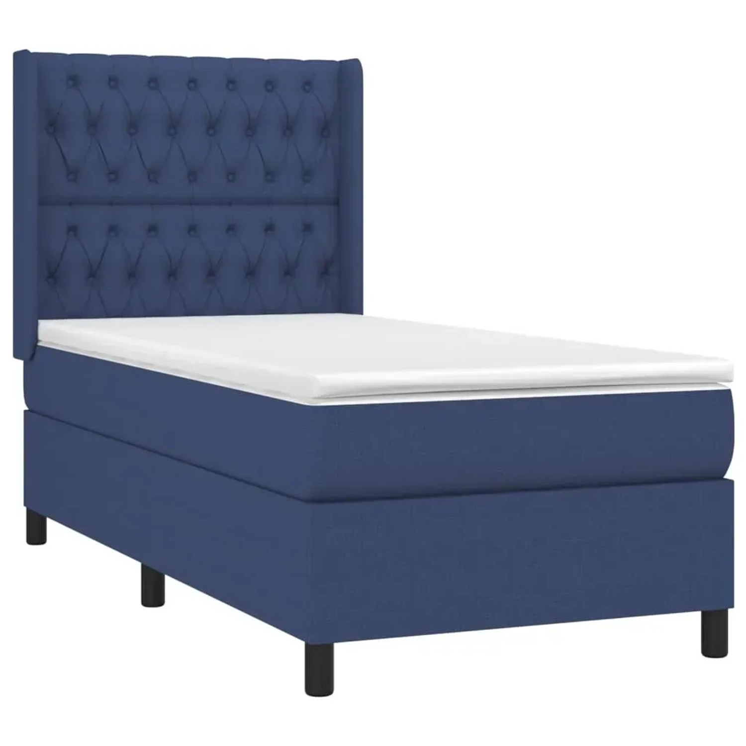 Blaues Boxspringbett (90x200 cm) mit Matratze und gestepptem Kopfteil.