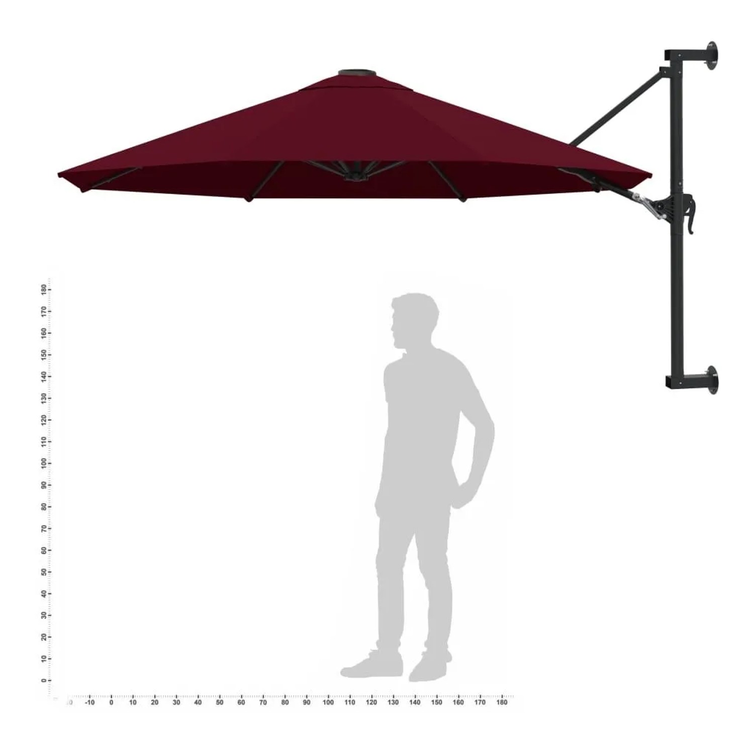 Burgunderroter vidaXL Wand-Sonnenschirm, 300 cm Durchmesser, mit Metallmast und Wandhalterung.