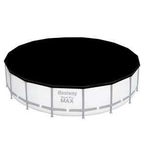 Runde schwarze Bestway PVC Pool Abdeckplane 555 cm auf einem Pool. Schützt vor Schmutz und Witterung.