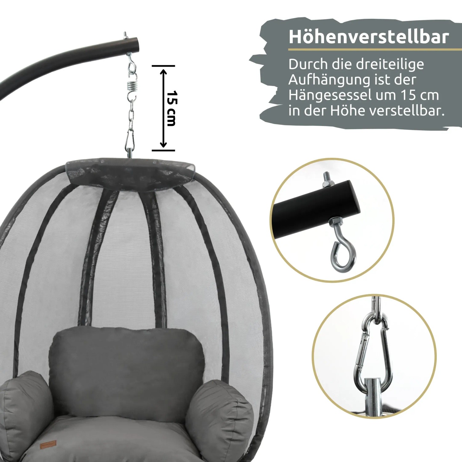 Detailaufnahme: Höhenverstellbarer deluxe4home Hängesessel mit Gestell, Outdoor geeignet.