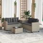 Hellgraues vidaXL Gartensofa in L-Form mit Tisch und Kissen aus Poly Rattan.