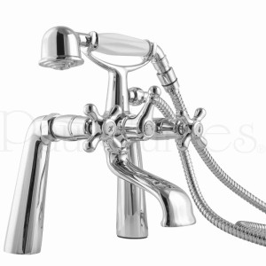 PaulGurkes Retro Wannenrandarmatur mit Handbrause. Glänzendes Chrom, Kreuzgriffe, weißer Griff.