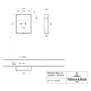 Technische Zeichnung: Villeroy & Boch My View Now Spiegelschrank 60cm, Maße und Details zur Installation.