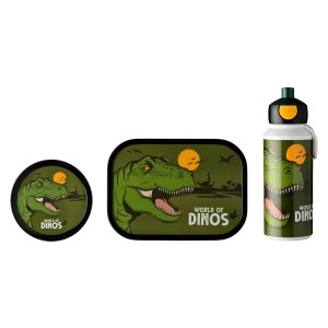 Mepal Campus Lunchset Dino, 3-teilig: Brotdose, Trinkflasche und Obstbox mit Dino-Motiv.