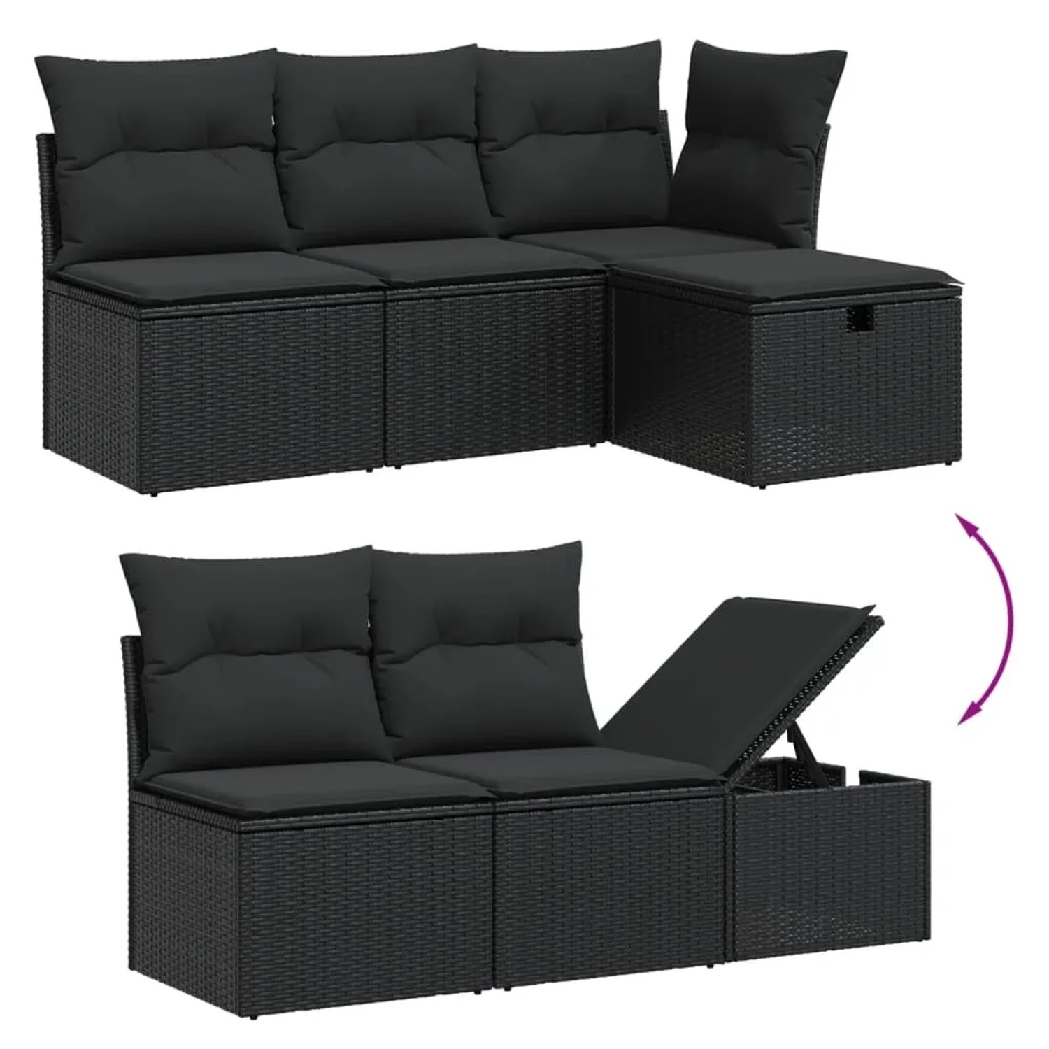 Schwarze 6-tlg. vidaXL Garten-Sofagarnitur aus Polyrattan mit Kissen und Stauraum.