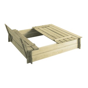 Quadratischer Sandkasten aus Holz mit zwei integrierten Bänken, 120x120x27 cm, FSC®-zertifiziert.