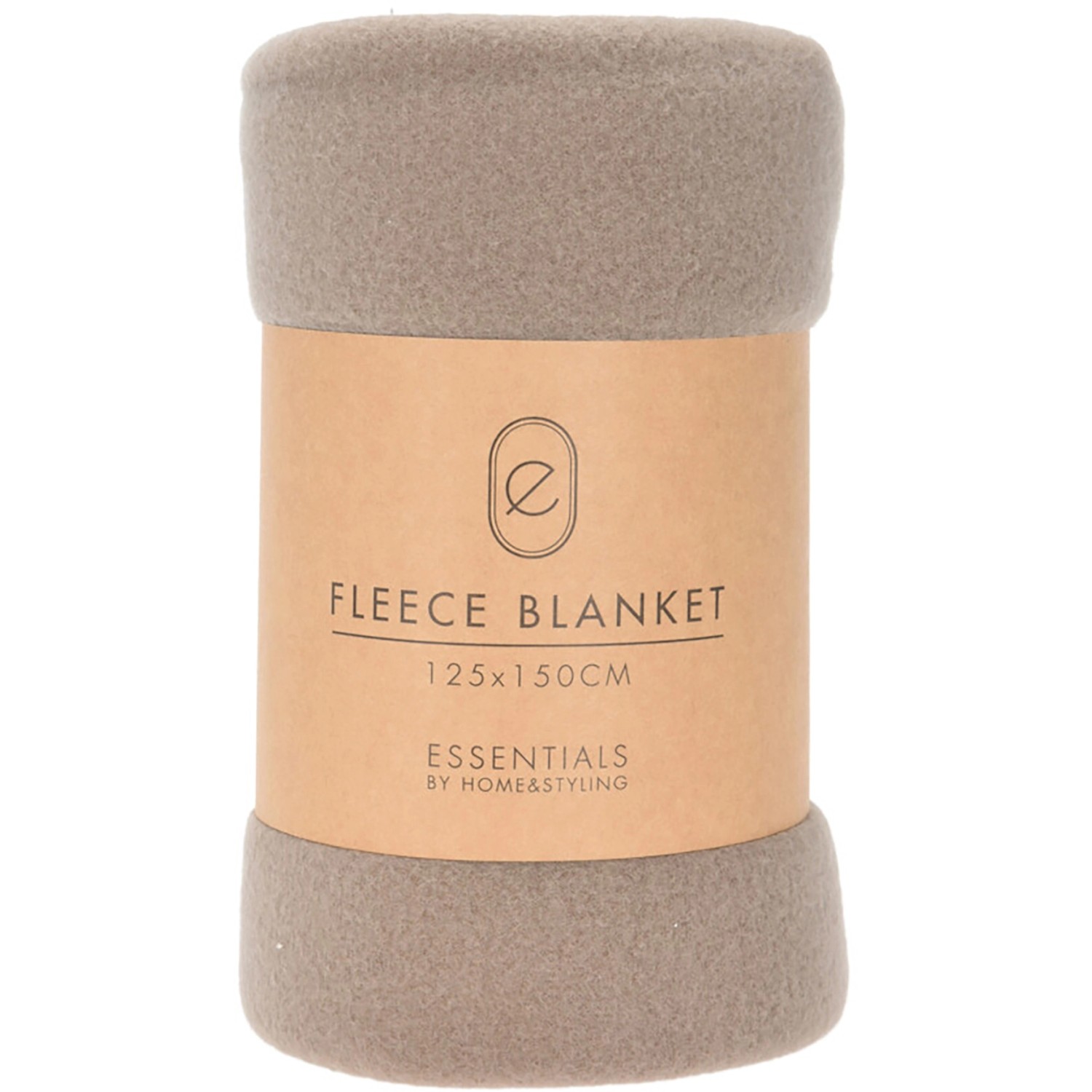 Gerollte, taupefarbene Fleece-Decke (125x150 cm) mit Banderole. Kuschelige Wohndecke für gemütliche Stunden.