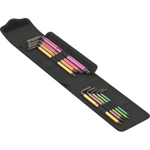 Wera Bicycle Set 4, 9-teilig, in geöffneter, schwarzer Falttasche. Farbige Innensechskant- und TORX®-Schlüssel.