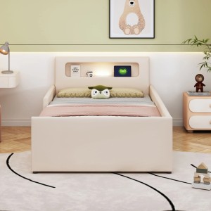 okwish Polsterbett 90×200 mit Nachtlicht und USB-Ladeanschluss mit Ablagefächern und Erhöhte Seitenteile zur Sicherheit ohne Matratze