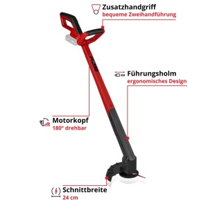 Einhell Akku-Rasentrimmer GC-CT 18/2411 Li P-Solo, rot-schwarz, mit drehbarem Motorkopf, Zusatzhandgriff und 24 cm Schnittbreite.
