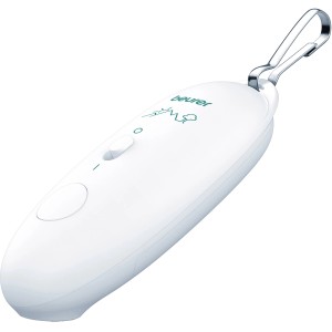 Weißer Beurer Insektenstichheiler BR 10 mit Karabinerhaken für unterwegs.