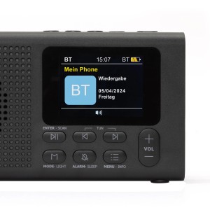 Schwarzes Dynavox DAB+ Radio DBT200 mit Display und Bedienelementen.
