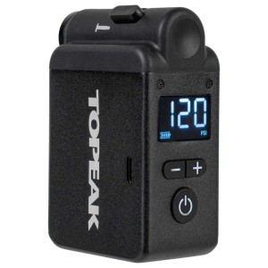Topeak E-Booster Digital Luftpumpe, schwarz, mit beleuchtetem Display und Tasten. Kompakte Minipumpe für Reifen.