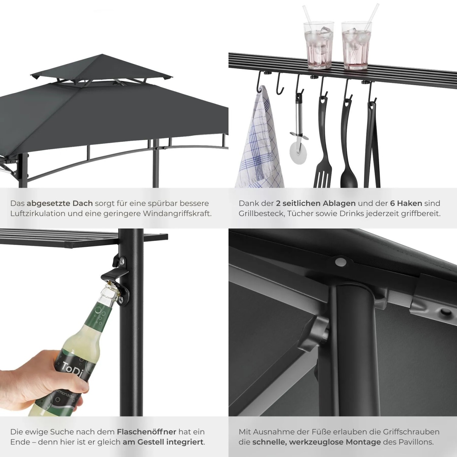 Tectake Grillpavillon Maracaibo mit klappbarer Markise, Doppeldach, Ablagen und Flaschenöffner.