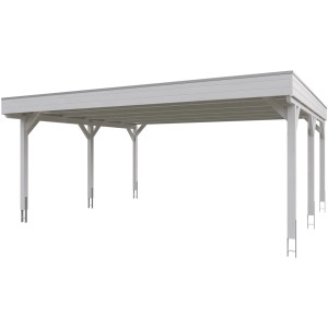 Weißer Skan Holz Carport Grunewald mit Aluminiumdach, Doppelcarport für zwei Stellplätze.