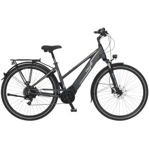 Graues Fischer E-Bike Damen Viator 5.0i mit Gepäckträger und tiefem Einstieg.