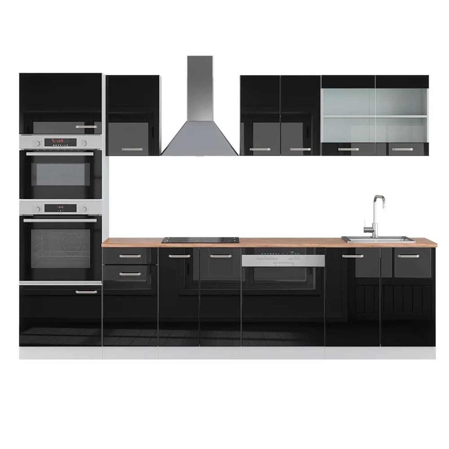 Vicco R-Line Küchenzeile Schwarz Hochglanz Weiß 300 cm mit HochschrankAP Eiche ohne E-Geräte