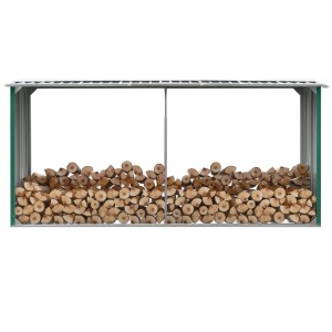 Grünes VidaXL Brennholzlager aus verzinktem Stahl, gefüllt mit Holzscheiten.