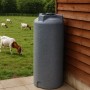 Grauer, zylindrischer KMND 1000L Trinkwasser Wassertank marmoriert, auf Terrasse neben Holzwand. Für Garten & Haushalt.