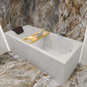 Weiße Rechteckbadewanne 150x70 cm mit Wannenträger, Bambusablage und Kopfstütze im modernen Bad.