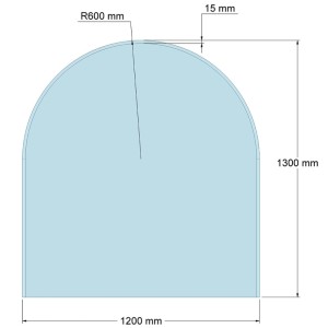 Feuercampus Funkenschutzplatte Glas Rundbogen 130x120 cm. Technische Zeichnung mit Form und Maßen für Kaminofen.