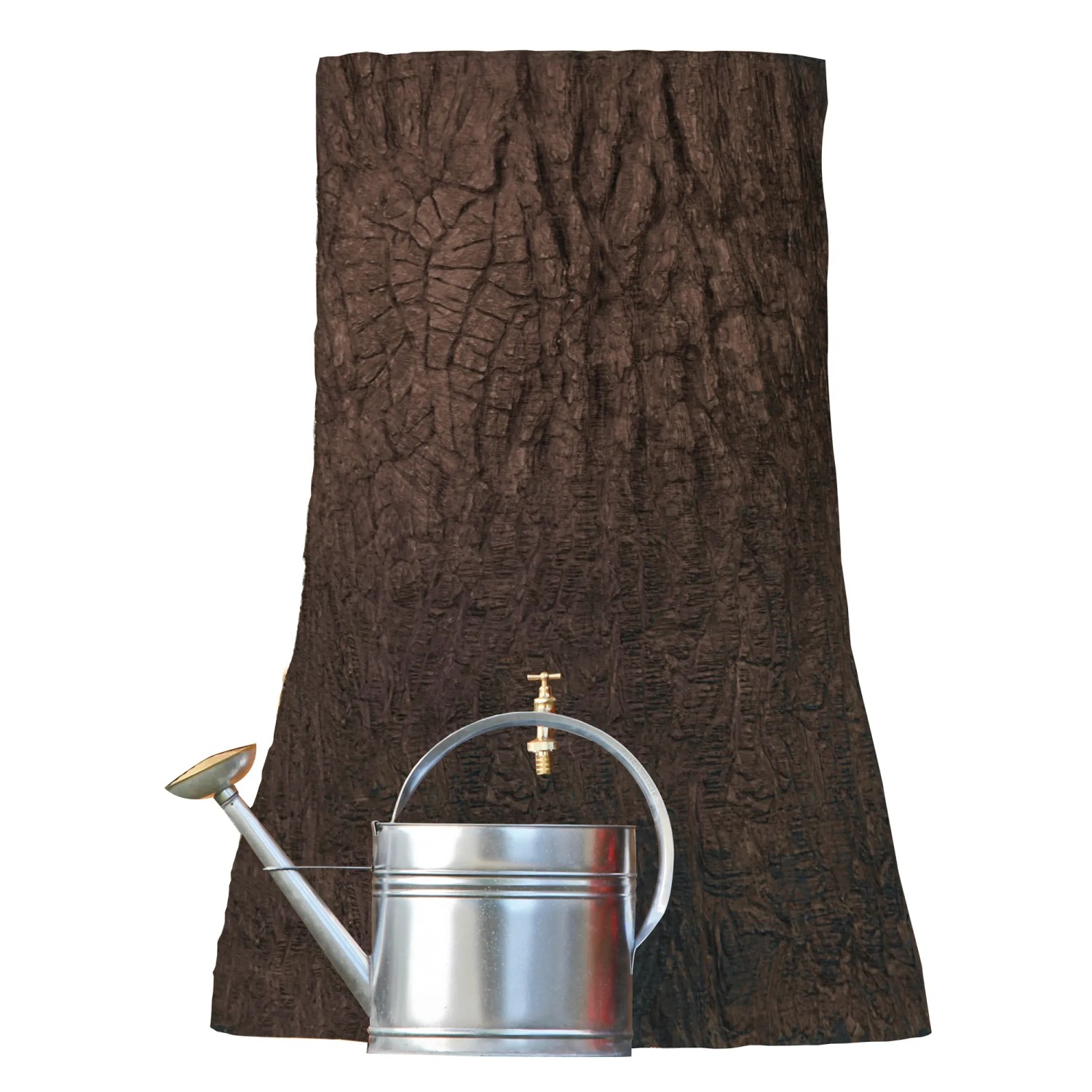 Arves Regentonne Little Tree, 250 l, dunkelbraun mit Gießkanne vor Baumstamm-Optik.