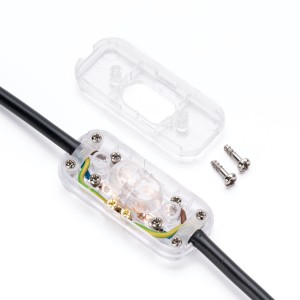 Transparenter Orion Lightstyle Schnur-Zwischenschalter (3-polig) mit geöffnetem Gehäuse und Schrauben.