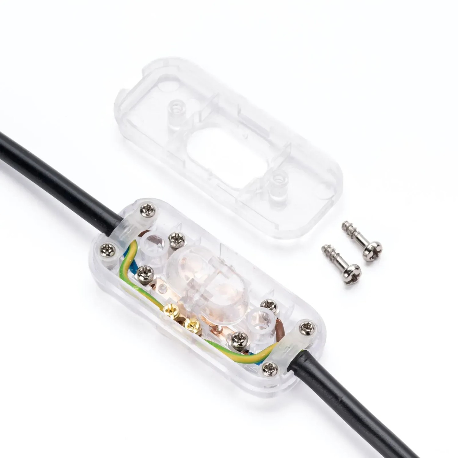 Transparenter Orion Lightstyle Schnur-Zwischenschalter (3-polig) mit geöffnetem Gehäuse und Schrauben.