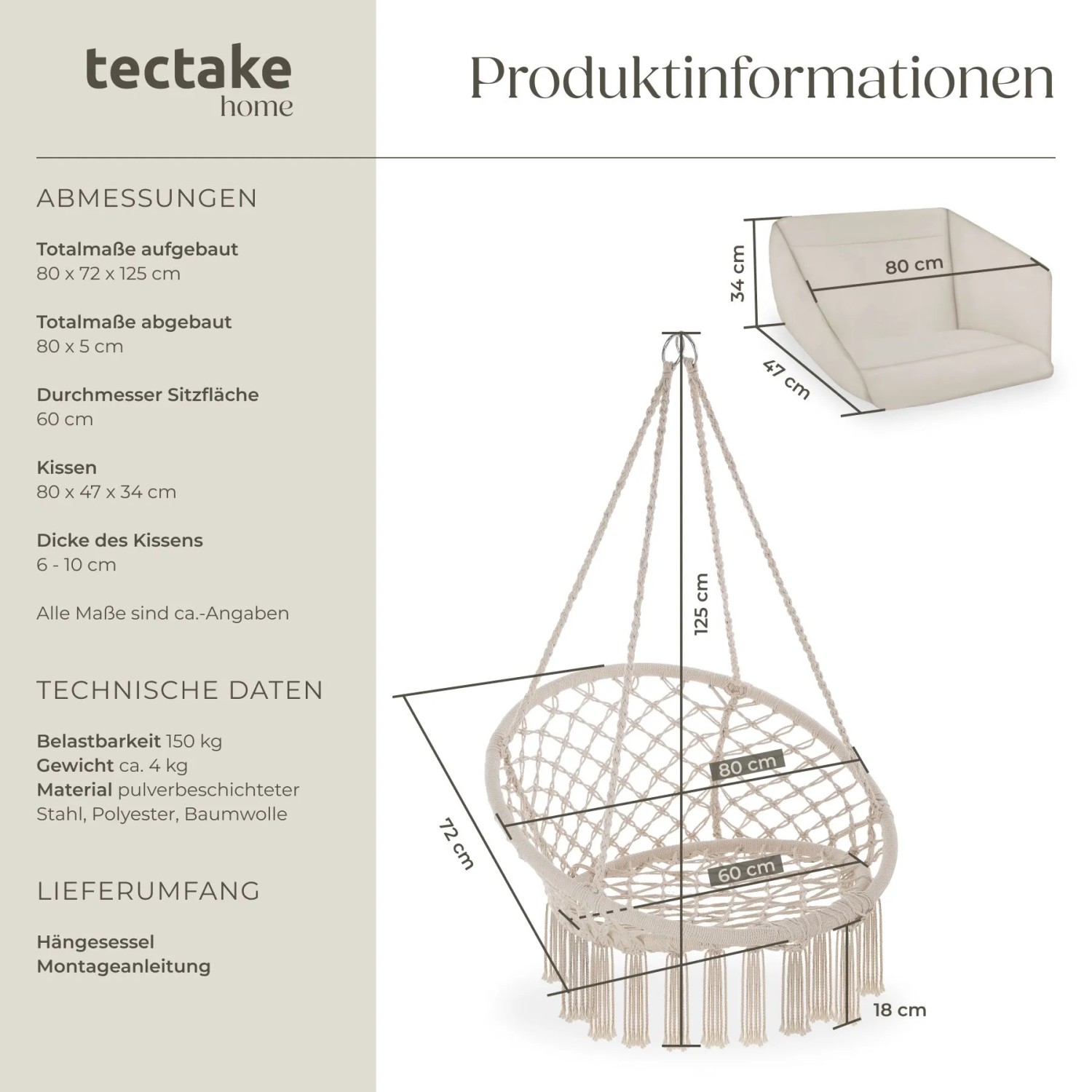 Tectake Hängesessel Grazia Mit Sitz und Rückenpolster Stabil und Strapazierfähig 72 x 80 x 125 cm Beige_6