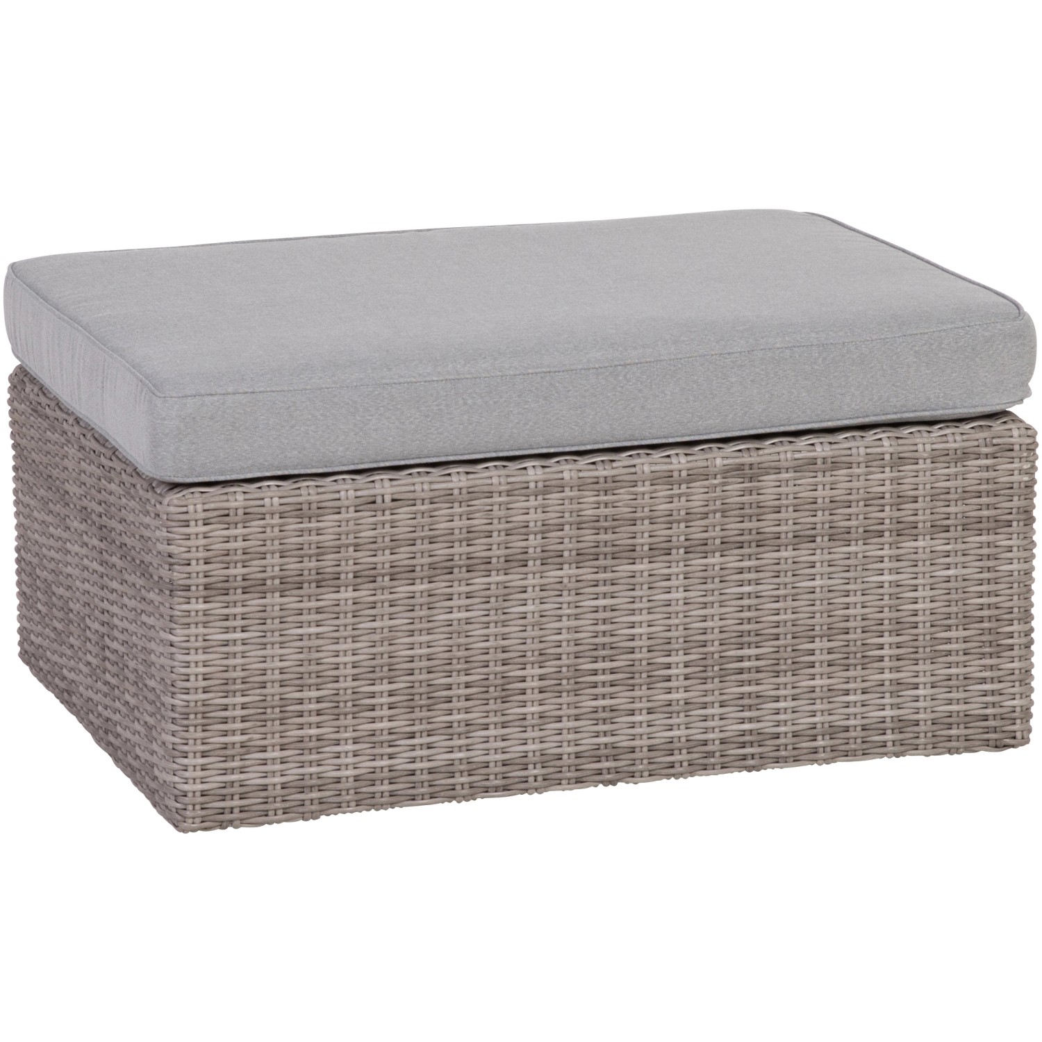 Grauer Hocker mit Kissen aus dem Greemotion Lounge-Set Olea Wood, passend zu Balkonmöbeln.