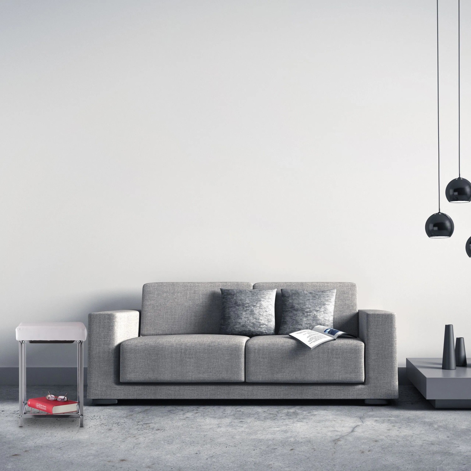 Weißer Relaxdays Polsterhocker mit Chromgestell und Ablage, passend zum Wohnzimmer-Interieur.