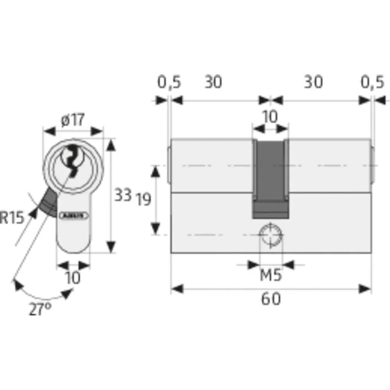 Technische Zeichnung Abus Profilzylinder E30NP 45/45 mit Maßen.