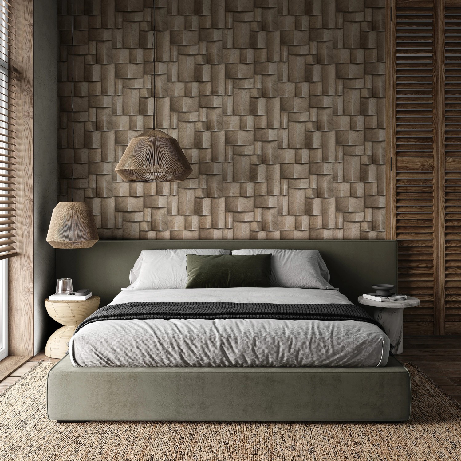 Beige Marburg Vliestapete in 3D-Optik mit grafischem Muster im Schlafzimmer.