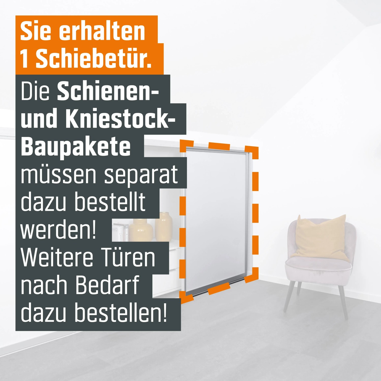 Kniestock-Baupaket mit silbernem Profil und weißer Tür, geeignet für Dachschrägen.