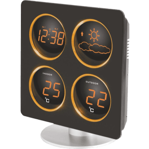 Schwarze technoline WS 6830 Wetterstation mit Anzeige von Uhrzeit, Innen- und Außentemperatur und Wettervorhersage.