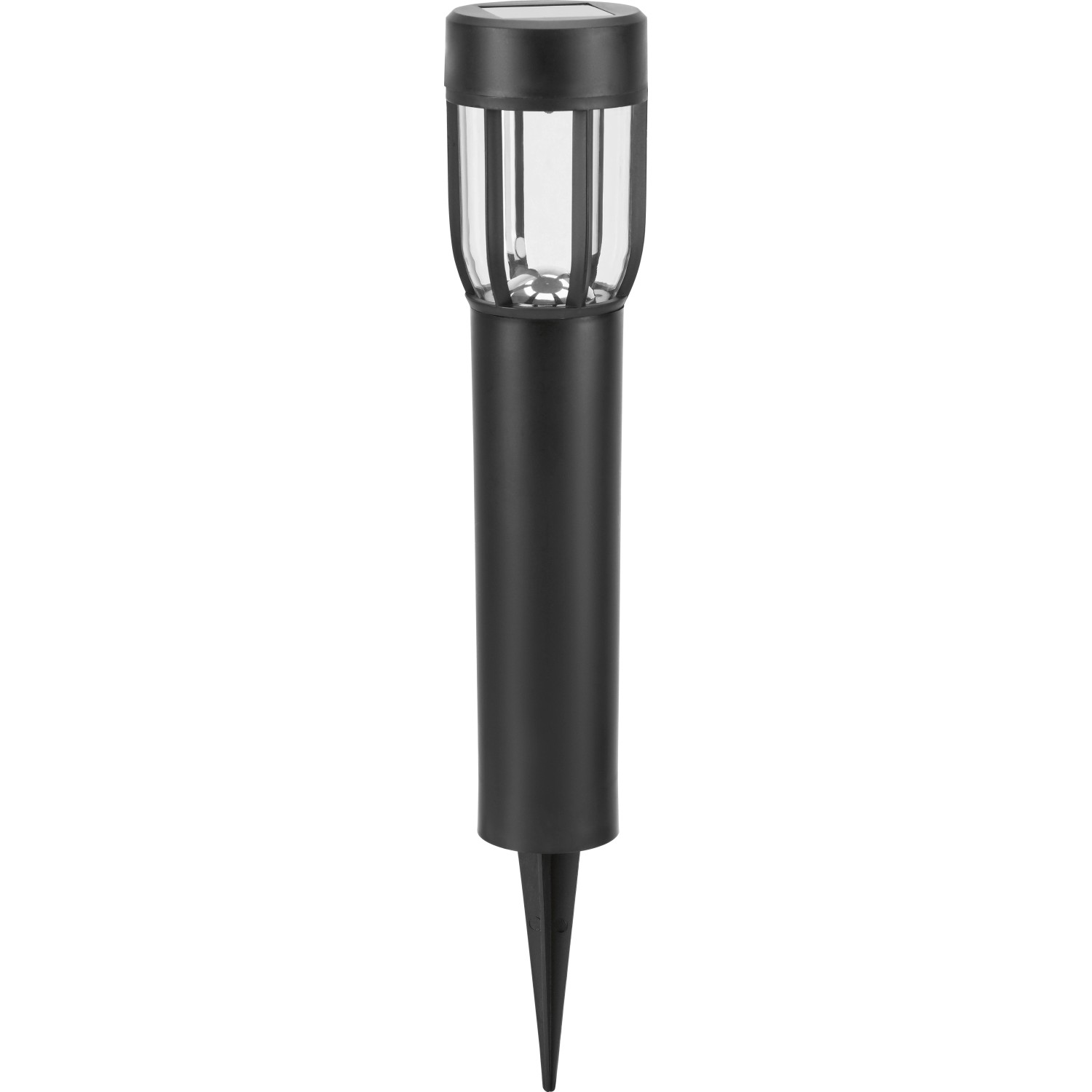 Schwarze Solar-LED-Gartenleuchte Comaro mit Erdspieß, ca. 40 cm hoch. Dekorative Außenleuchte.