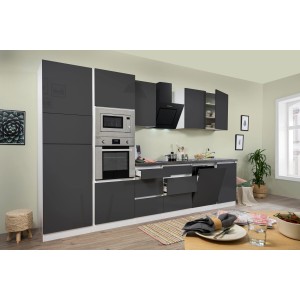 Respekta Premium Küchenzeile, 345 cm, Grau Hochglanz/Weiß, mit E-Geräten.