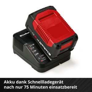 Einhell Power X-Change Starter-Kit: roter 18V 4Ah Akku im schwarzen Schnellladegerät mit LED-Anzeige.