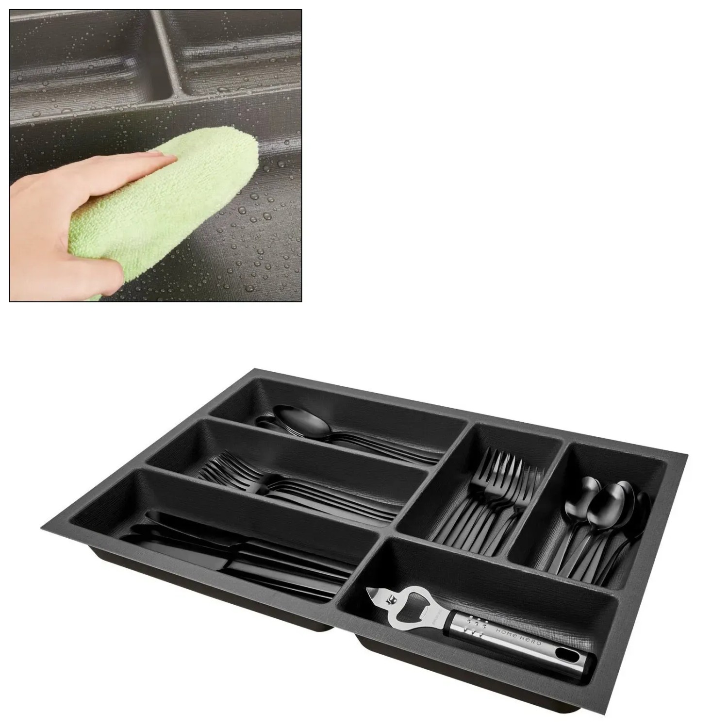 Anthrazit SOTECH ORGA-BOX-3 Besteckeinsatz mit mehreren Fächern und Canvas Struktur, gefüllt mit Besteck. Küchen-Ordnungssystem.