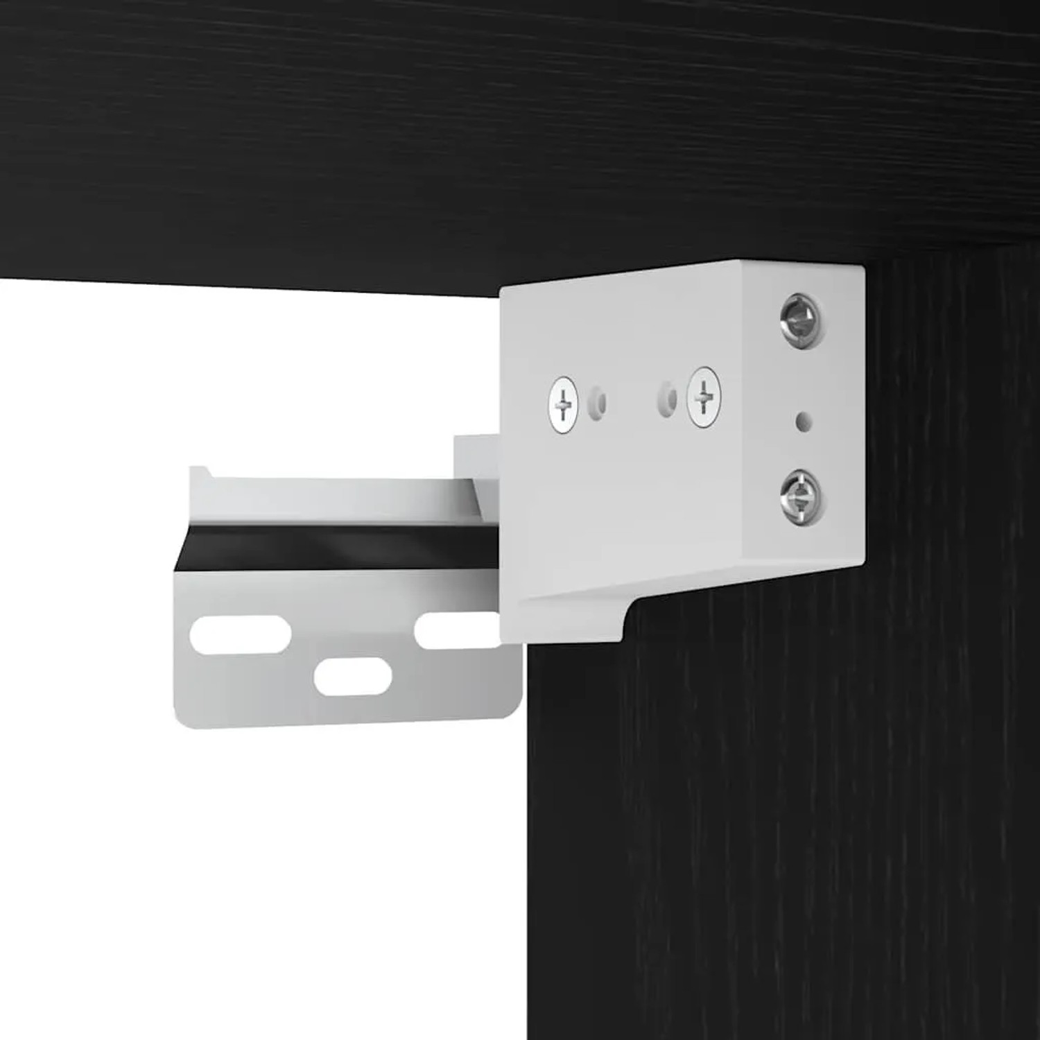 Detailaufnahme: Schwarzer vidaXL Waschbeckenunterschrank (Eiche) mit weißer Halterung.