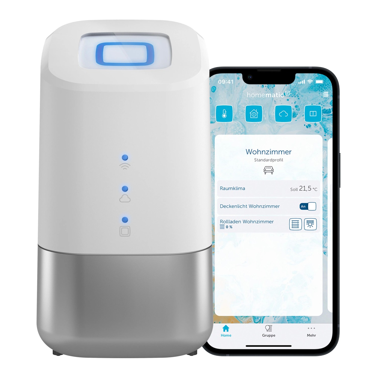 HmIP Home Control Unit mit Smartphone-App zur Steuerung der Hausautomation.