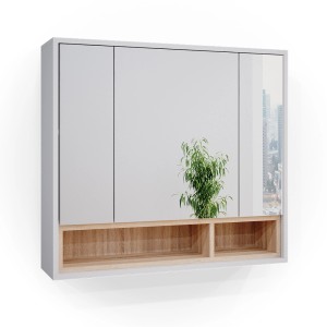 Vicco Badspiegelschrank Beatrice, 80x72 cm, Weiß/Sonoma mit drei Spiegeltüren und Ablagefächern.